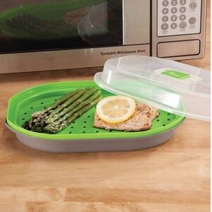 Microwave Fish Veggie Steamer Green White 12.5" Healthy Cooking Kitchen Tool
